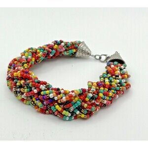 Vintage Y2K Glass Bead Braided Handmade Bracelet Lobster Clasp 8.25"